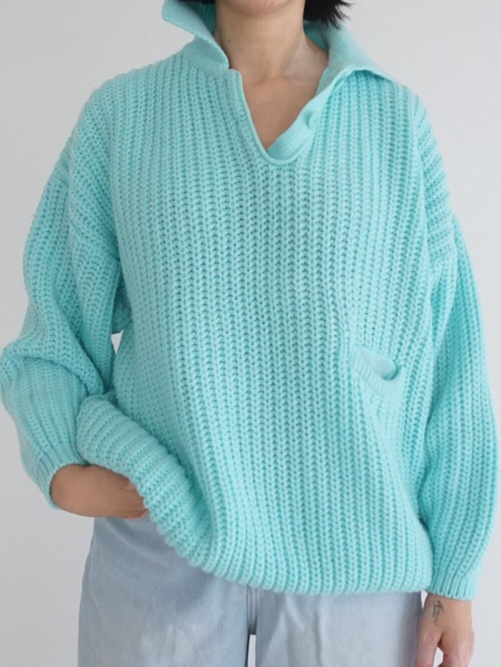 Vintage Cassie West Aqua Ribbed Collared Button Grandpa Knit Tennis Sweater M